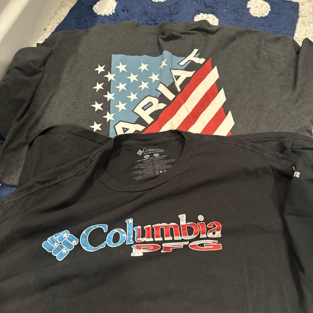 Columbia Black T-Shirt with Red and Blue Logo and Ariat American flag shirt